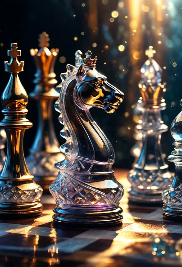 AI generated image using stable diffusion featuring a luxurious chess set with crystal pieces illuminated by warm lighting, showcasing an intricately designed knight chess piece.