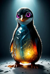 AI generated image of a penguin with vibrant pink eyes and a crystal-like glowing belly using stable diffusion.