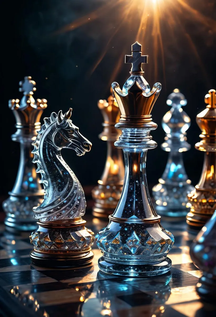 Crystal chess pieces on a luxury chess board, with intricate designs and golden accents, AI generated using stable diffusion.