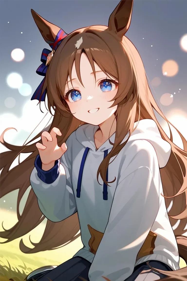 Image of a cute anime girl with blue eyes, long brown hair, and animal ears, dressed in a white hoodie. AI generated image using stable diffusion.