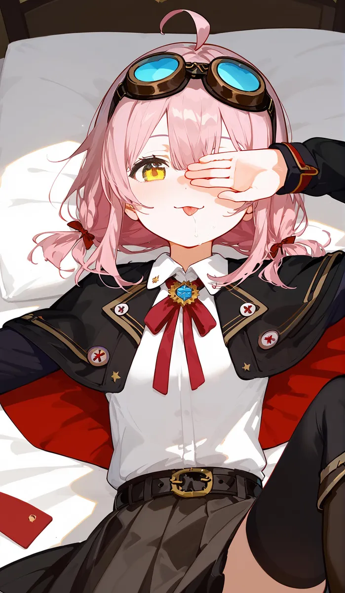 A cute anime girl with pink hair and steampunk goggles lying on a bed. She wears a stylish outfit with a ribbon-tied shirt, emblem brooch, and a detailed jacket. AI generated image using Stable Diffusion.