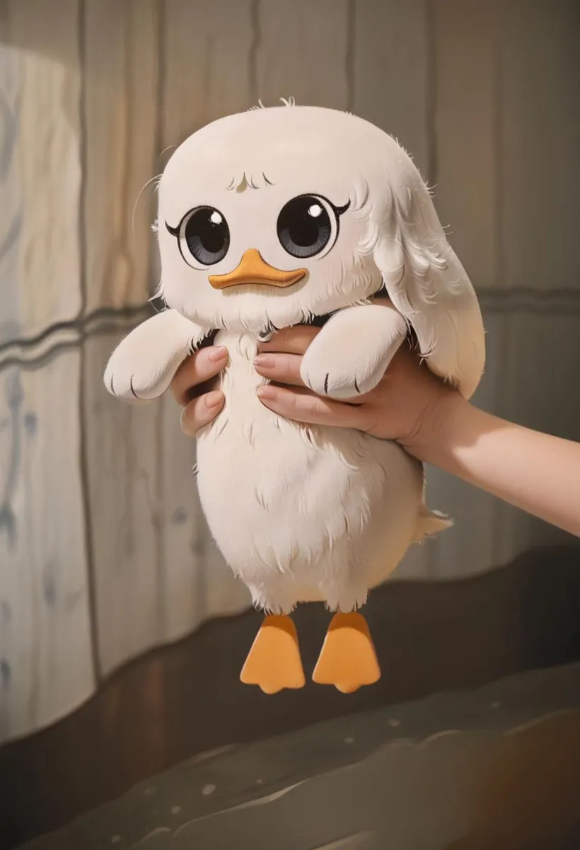 Adorable plush toy duck with large eyes and orange beak held by hands, generated using Stable Diffusion AI.
