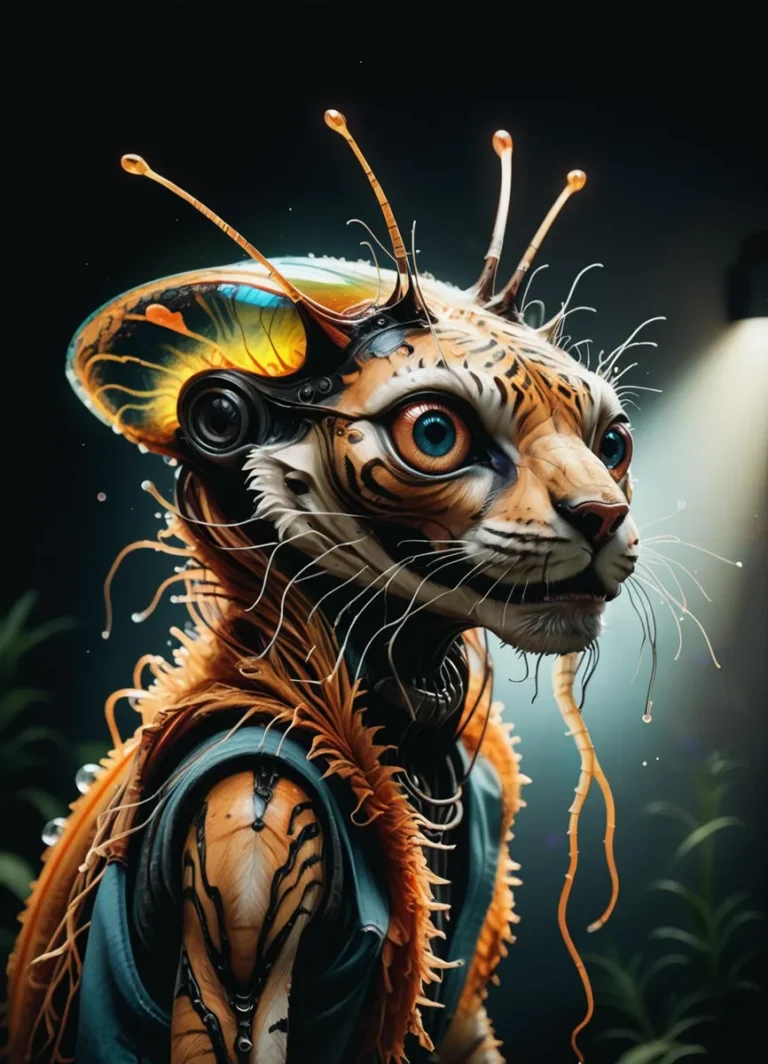 A detailed artistic depiction of a cybernetic tiger in futuristic attire, created using AI and Stable Diffusion.