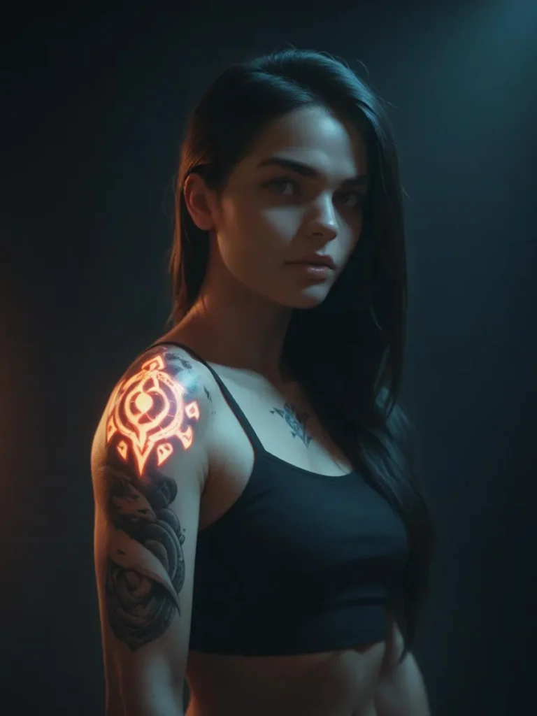 A cyberpunk woman with a glowing tattoo on her shoulder created using AI with Stable Diffusion.