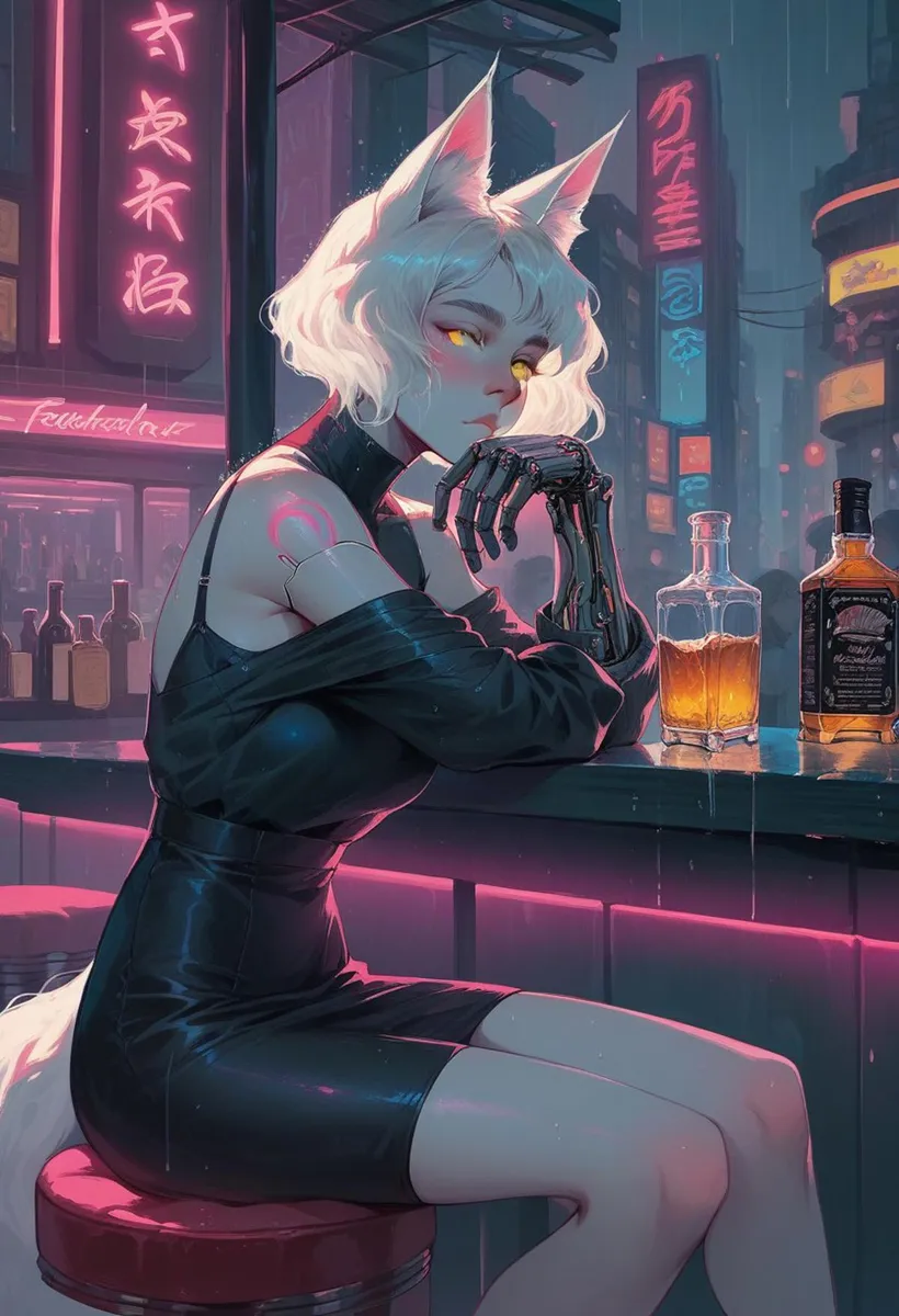 Cyberpunk anime girl with cat ears and robotic arm sits at a futuristic bar with neon lights, created using Stable Diffusion.