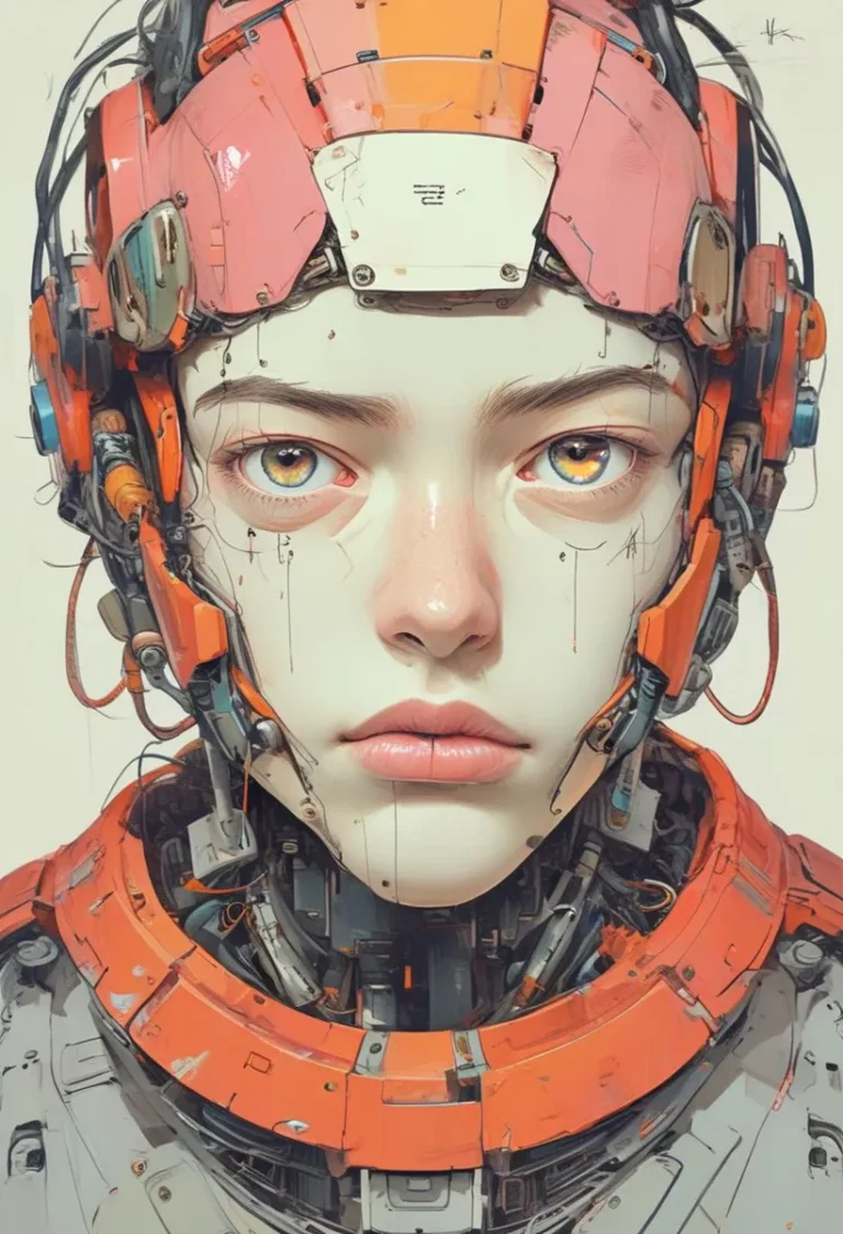 Close-up of a cyborg's face with human features and intricate mechanical parts, created using Stable Diffusion AI.