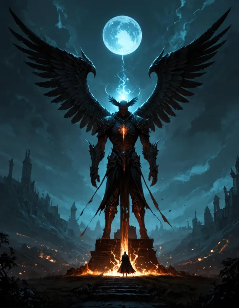 A dark angel with large wings, standing imposingly under a full moon, created using Stable Diffusion.