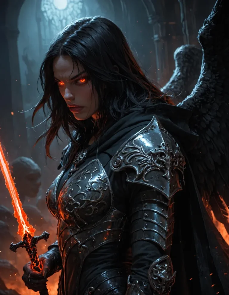 A meticulously detailed, AI-generated image of a female dark angel warrior with glowing red eyes, wearing intricate black armor, and holding a fiery sword. The scene is set in a dark, gothic environment