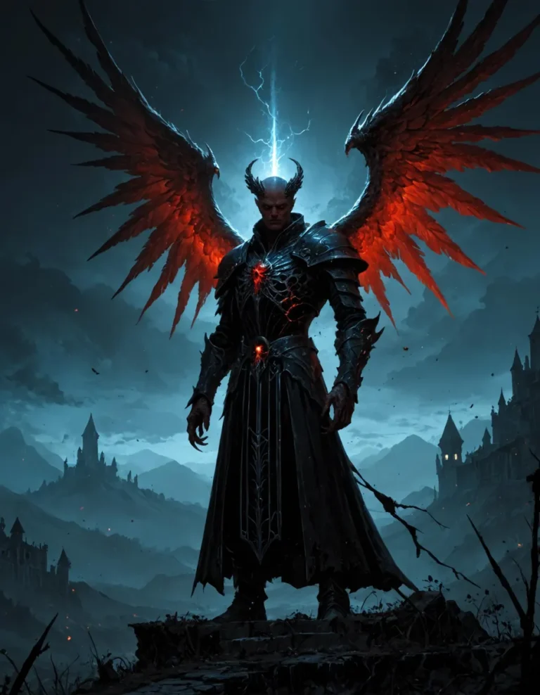 A dark fantasy scene of a demon warrior with glowing red wings standing on a cliff, created using Stable Diffusion.