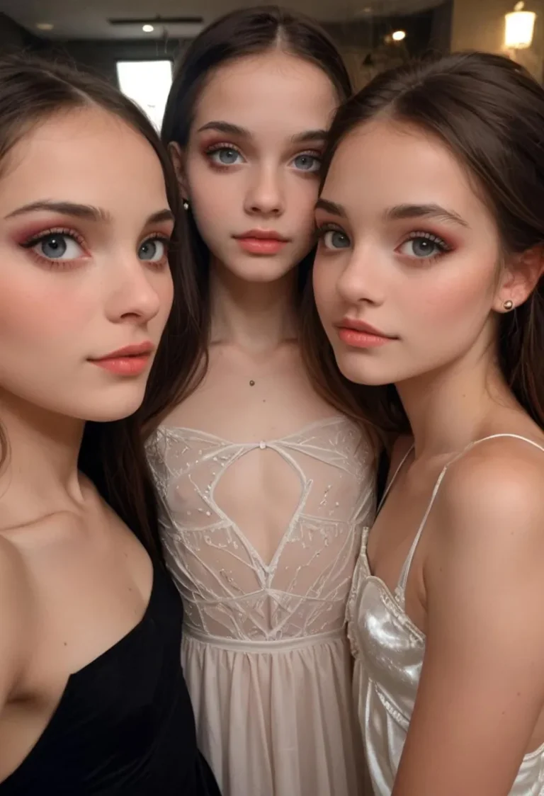 Three elegant young women with flawless makeup, wearing intricate evening dresses, posing closely together. AI generated image using stable diffusion.