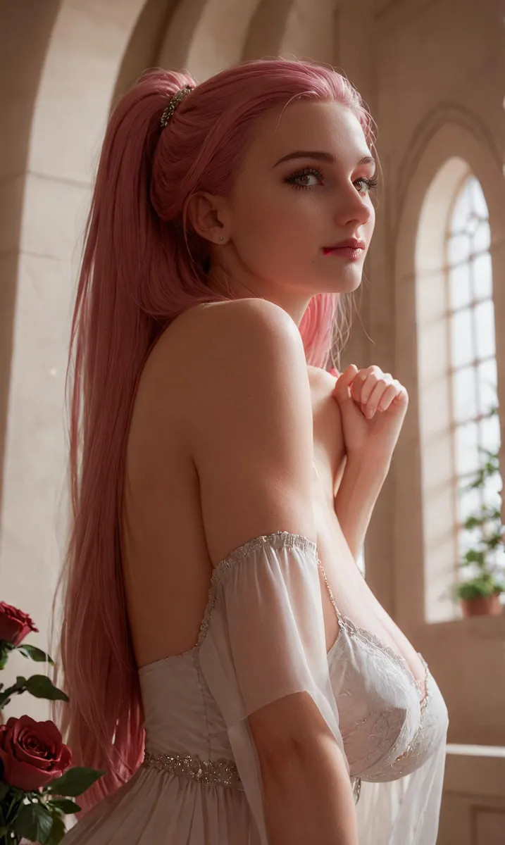 An AI generated image of an elegant woman with long pink hair, wearing a medieval-style off-shoulder dress, standing in a bright stone hall. Her back is to the camera, and she looks over her shoulder.