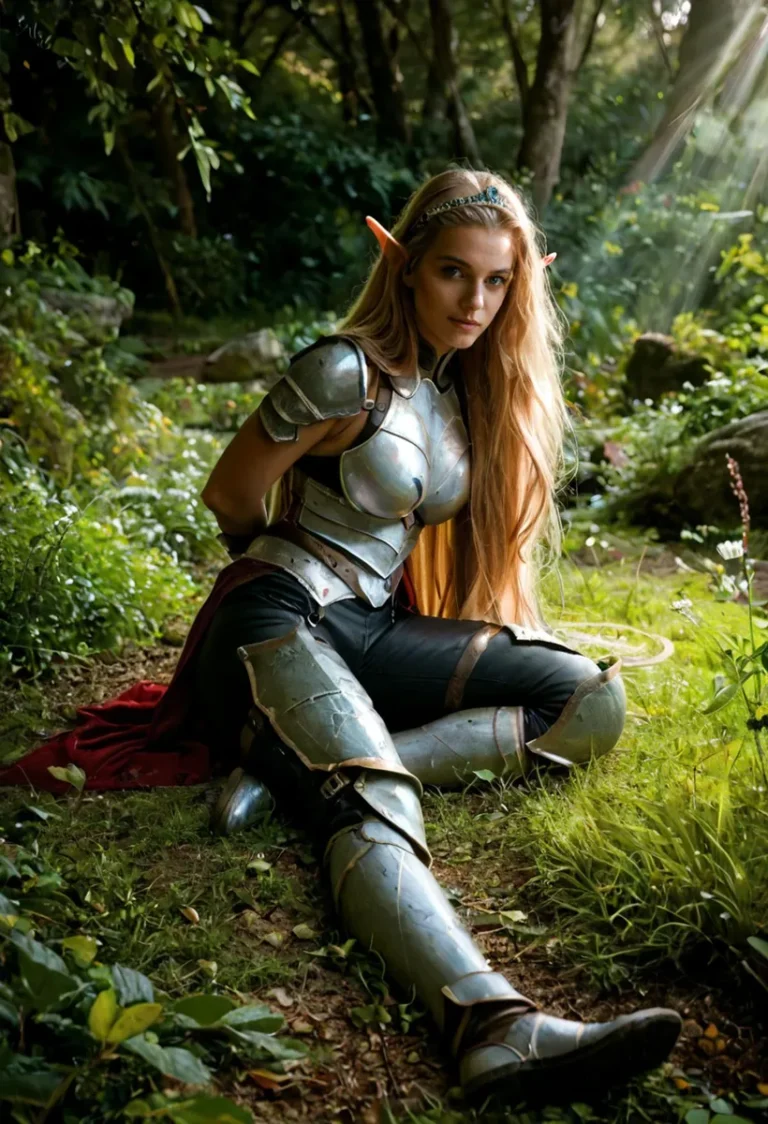 Elf warrior with long blonde hair in silver armor kneeling in a lush green forest with a serene expression. AI generated image using Stable Diffusion.