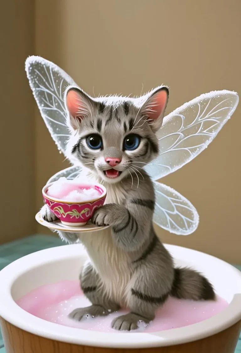Fantasy-themed AI generated image using stable diffusion of a cute fairy cat with wings holding a teacup while standing in a bowl.