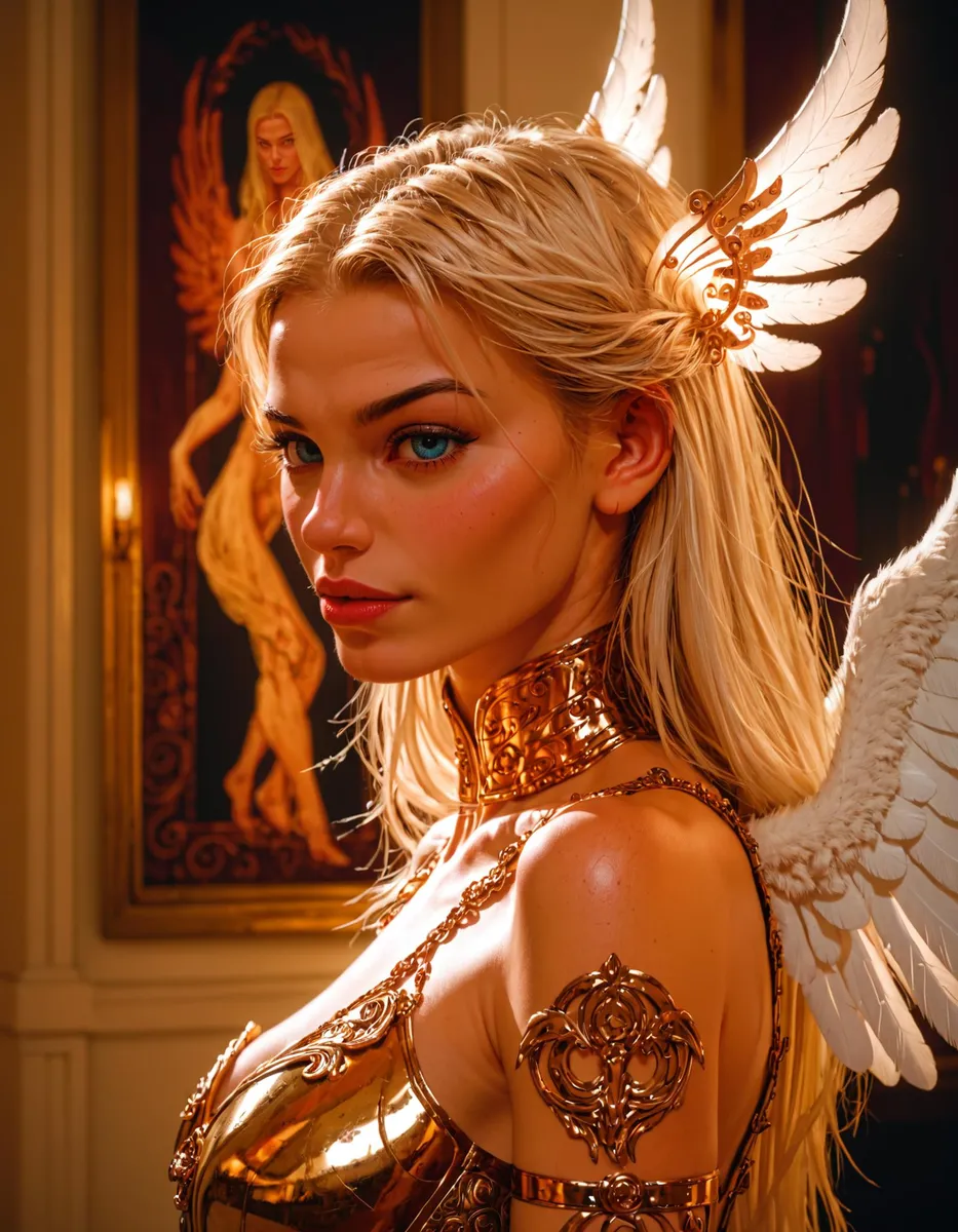 Fantasy angel with flowing blonde hair, gold armor, and ornate wings in a well-lit room. AI generated using stable diffusion.
