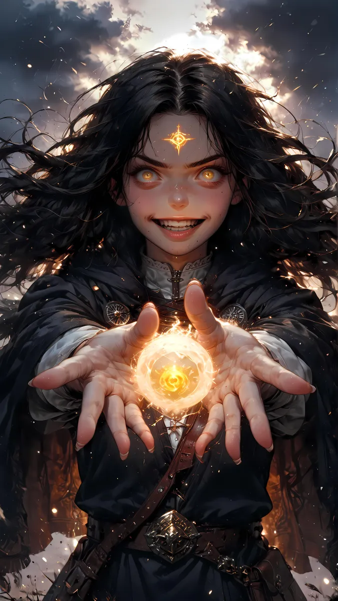 A fantasy mage with glowing eyes and a radiant symbol on her forehead conjuring a magical orb with both hands, depicted in AI generated digital art using stable diffusion.