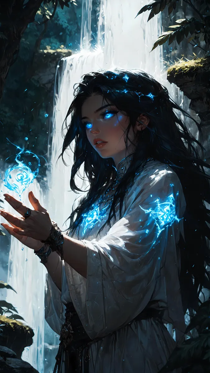 A fantasy woman with glowing blue magic in a waterfall background, created using stable diffusion.
