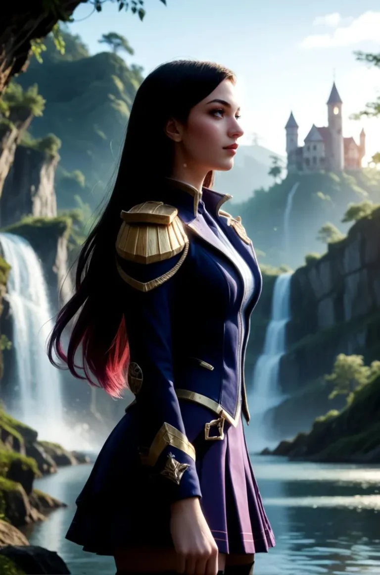 AI generated image of a fantasy woman soldier with long dark hair and pink highlights in a military uniform, set against a serene landscape with waterfalls and a distant castle, created using Stable Diffusion.