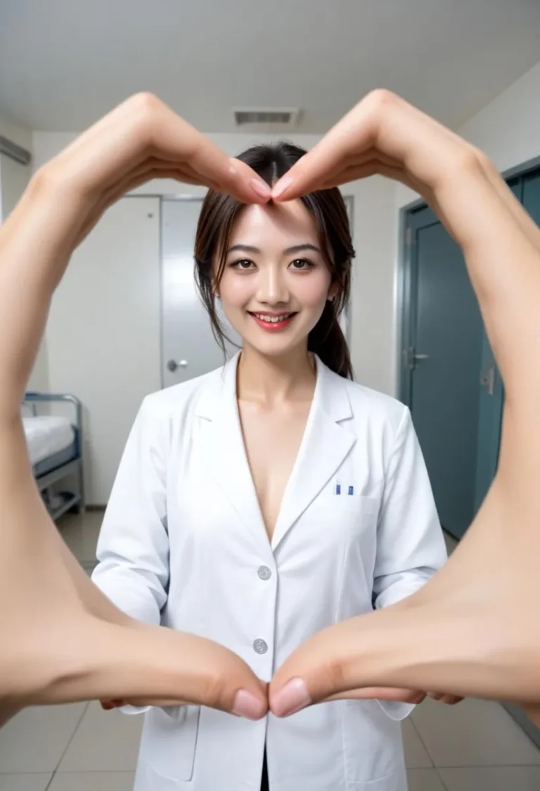 A female doctor standing and smiling while two hands form a heart gesture around her face, AI generated using Stable Diffusion.