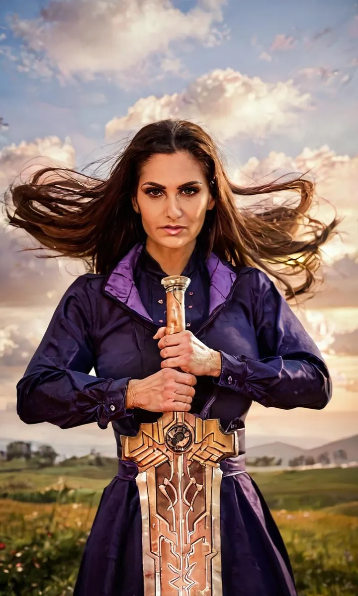AI generated image using stable diffusion of a female warrior with flowing hair, dressed in a dark outfit, holding a large ornate sword in front of a scenic backdrop with a cloudy sky and open fields.