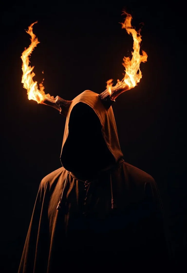 A mysterious hooded figure with flaming horns generated by AI using stable diffusion.