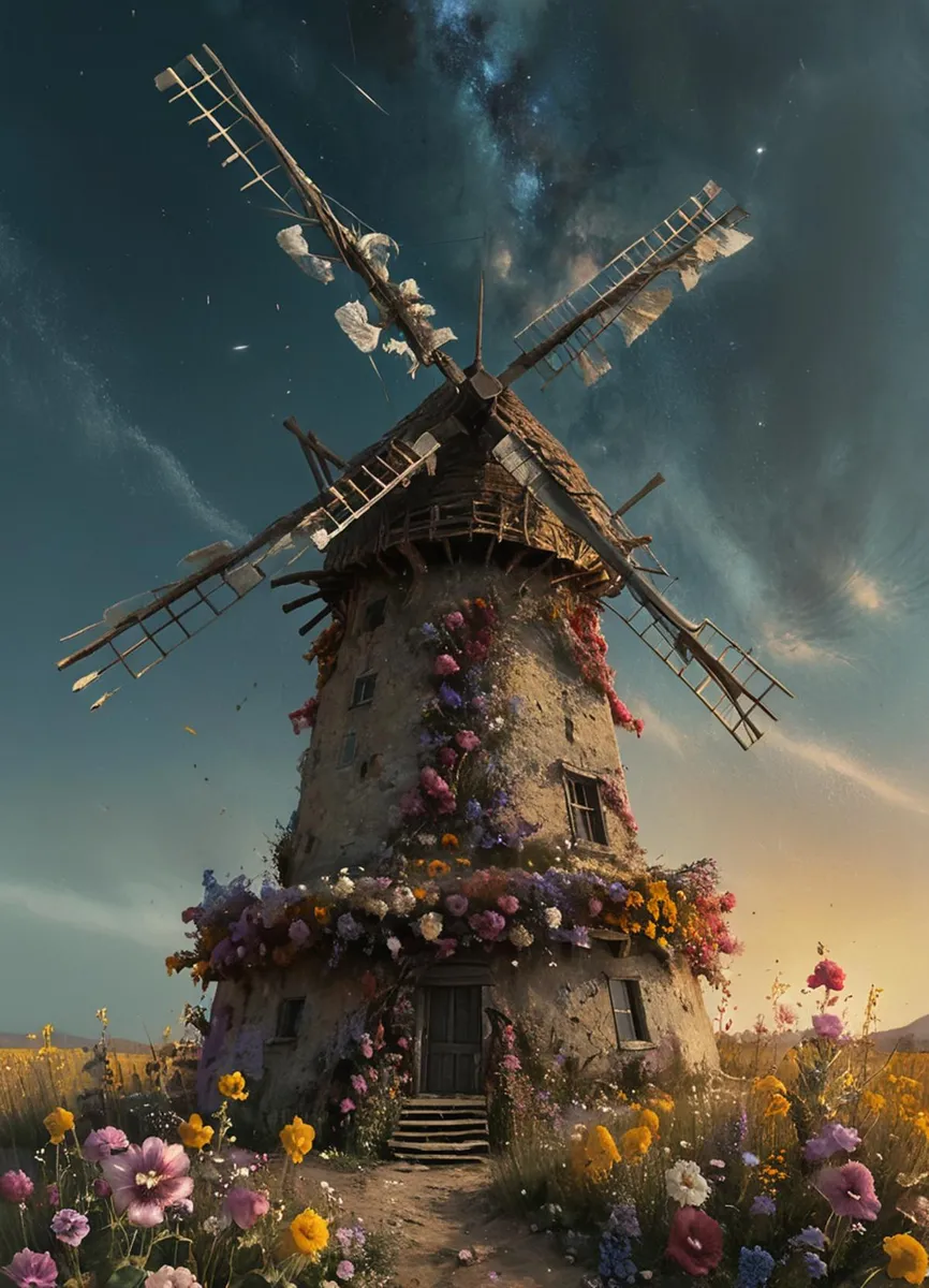 A picturesque, AI-generated image of a windmill covered in vibrant flowers using stable diffusion.