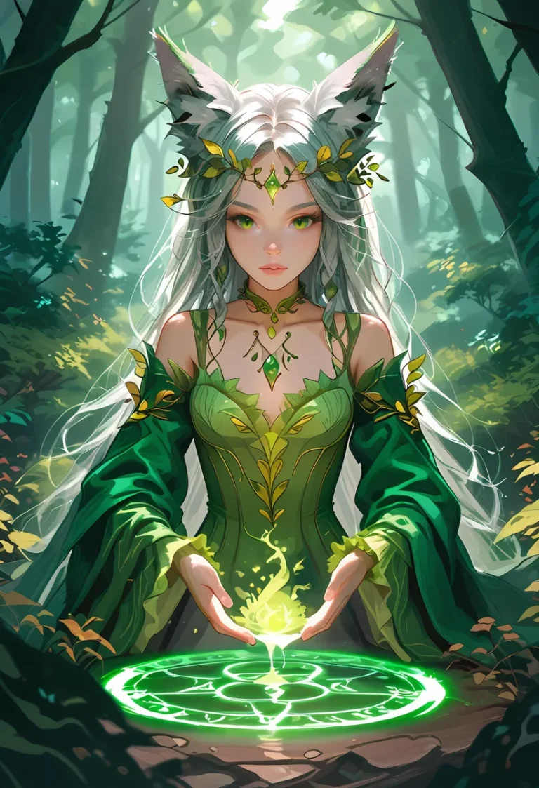 A green-clad forest elf sorceress with long white hair, cat-like ears, and green eyes, conjuring magic above a glowing magic circle in a dense forest, AI-generated using Stable Diffusion