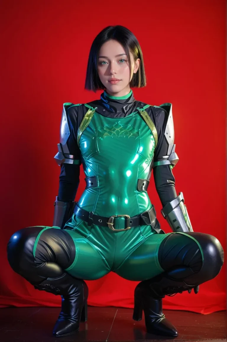 Futuristic warrior in green sci-fi armor standing against a vibrant red background. This image is AI generated using Stable Diffusion.