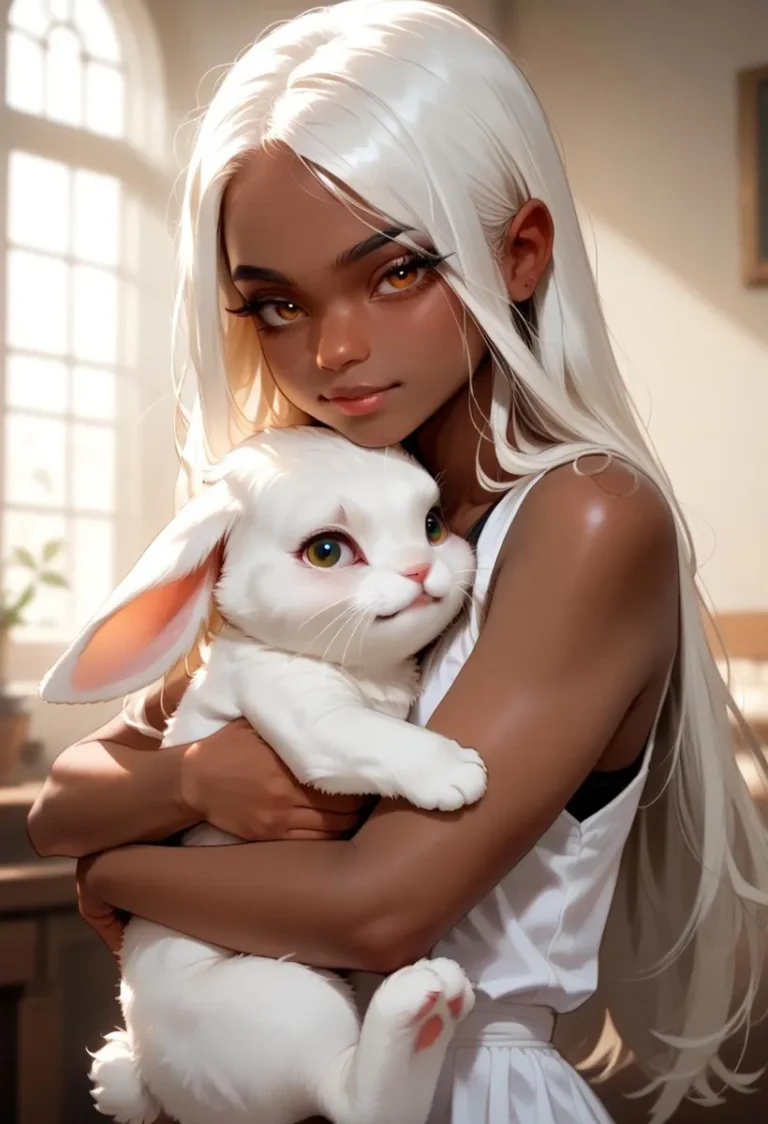 AI-generated image of a girl holding a white bunny in a sunlit room using Stable Diffusion