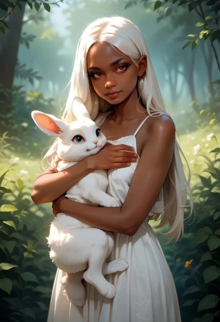 AI generated image using stable diffusion of a girl with long white hair holding a white bunny in a lush, green forest.