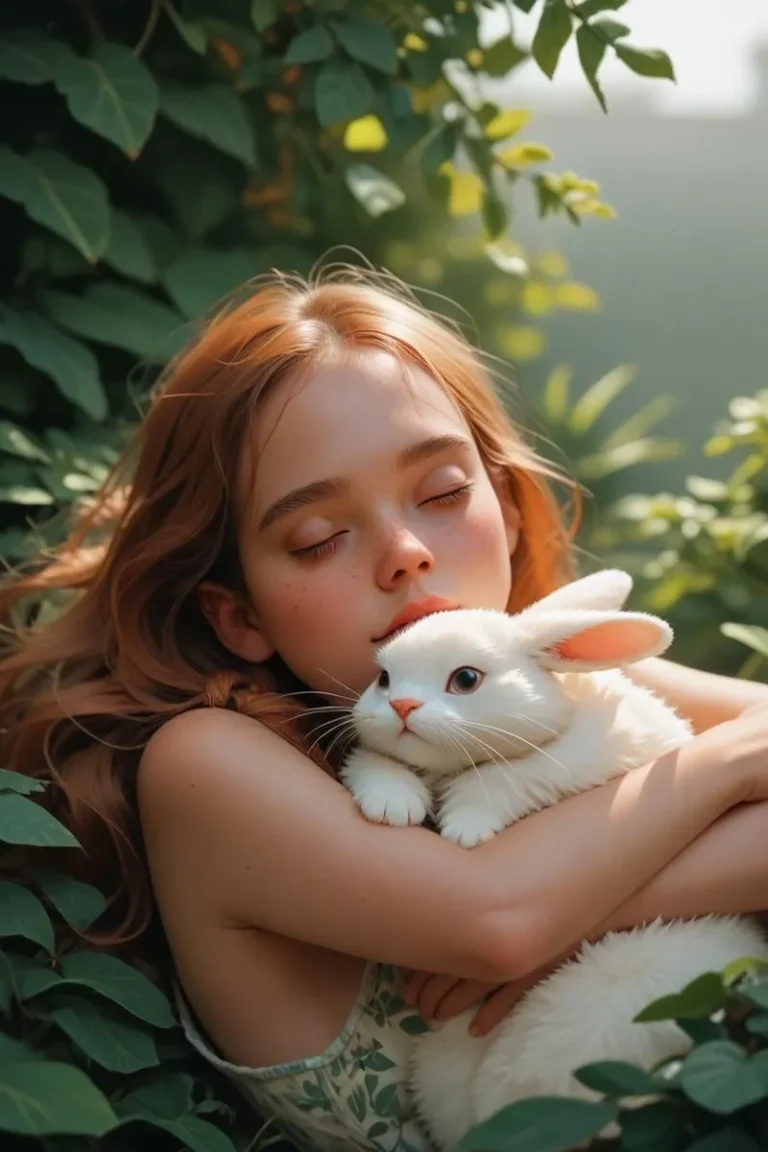 A young girl with closed eyes holding a white rabbit in a verdant natural setting. AI generated image using Stable Diffusion.
