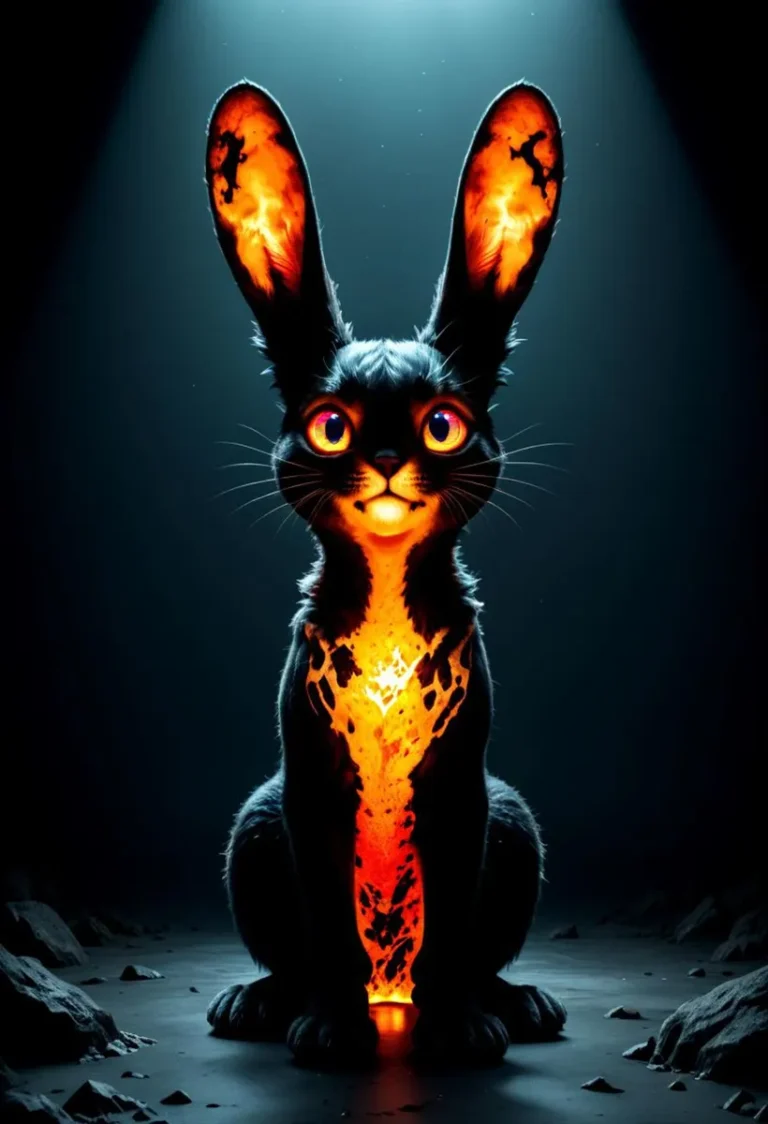 AI generated image of a glowing rabbit with fiery elements in a dark fantasy background, created using stable diffusion.