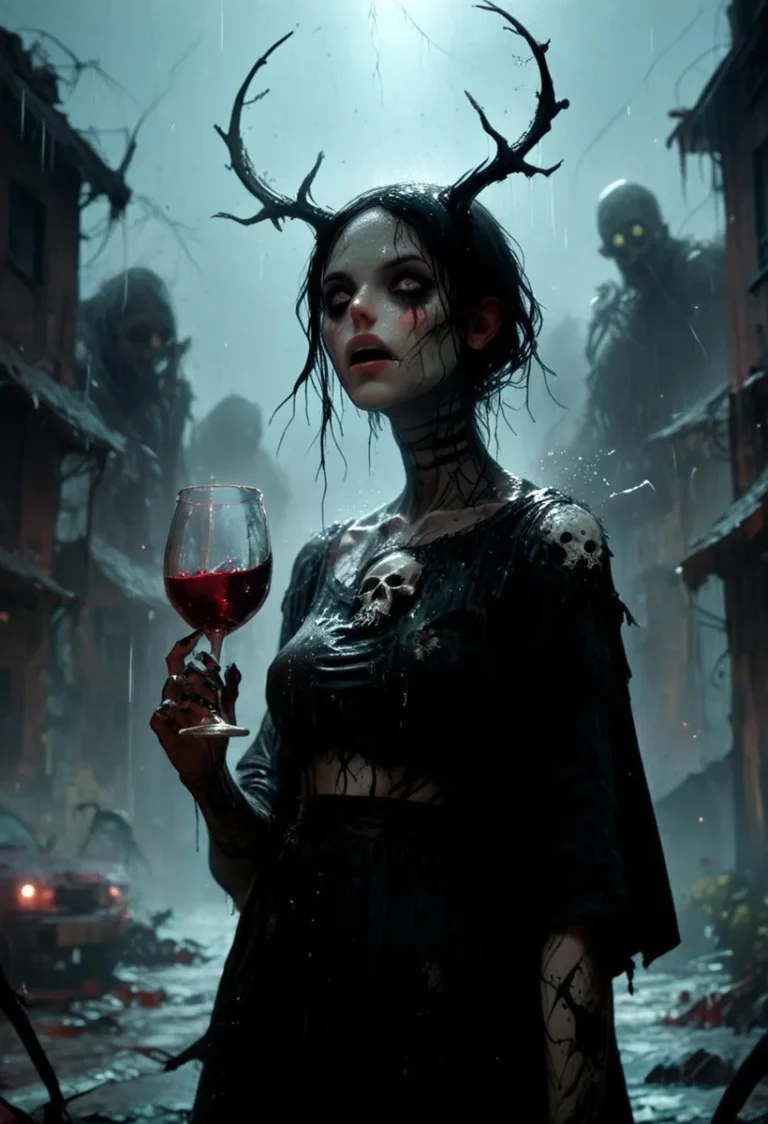 Gothic woman with antlers and holding a glass of red wine in a dark, eerie, rainy street with giant shadowy figures in the background. AI generated image using Stable Diffusion.