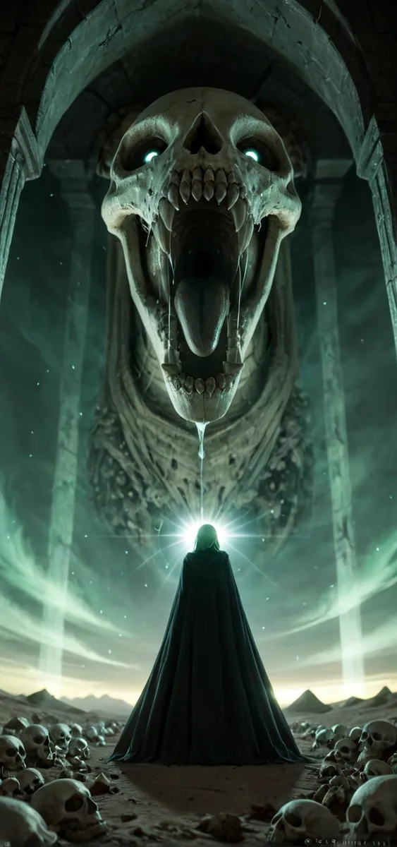 A dark, gothic-themed digital artwork created using stable diffusion, showcasing a cloaked figure standing before a massive, ominous skull embedded in a stone archway, surrounded by skulls and illuminated by ethereal green light.