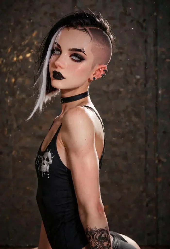 A gothic fashion model with piercings and tattoos, in an AI generated image using stable diffusion.