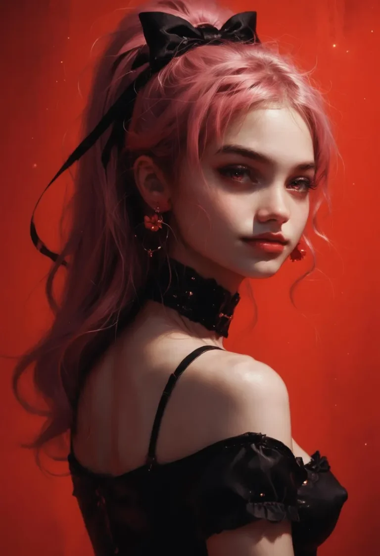 AI generated image of a gothic girl with pink hair, black choker, and black outfit created using stable diffusion.