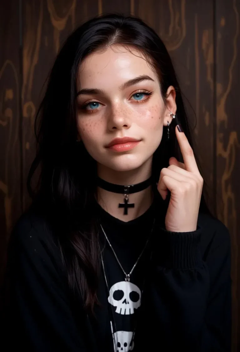 A close-up of a young woman with striking blue eyes, wearing gothic fashion including a choker with a cross, earrings, and a black shirt with a white skull print. This is an AI generated image using Stable Diffusion.