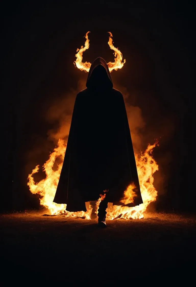 A hooded figure standing with flames forming horns above their head. AI generated image using Stable Diffusion.