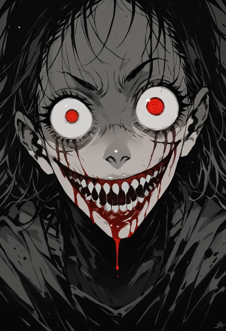AI-generated horror illustration using Stable Diffusion featuring a close-up of a character with large, red eyes, bloody mouth, and sharp teeth.