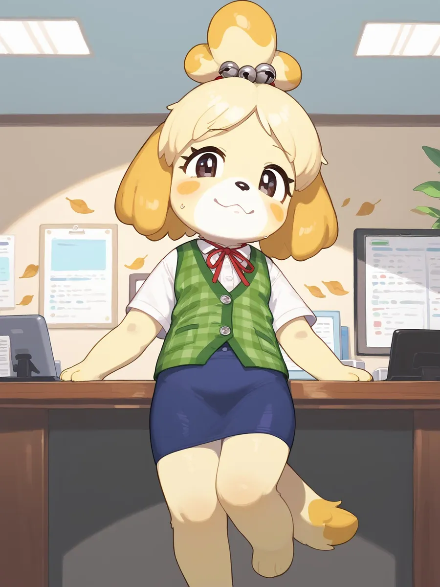 Isabelle from Animal Crossing, leaning against an office desk, AI generated using Stable Diffusion.