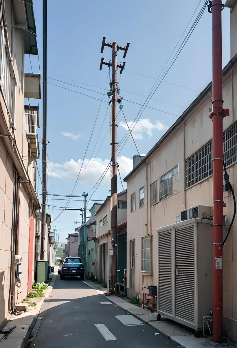A narrow urban alleyway in a Japanese street with utility poles and parked car, AI generated using Stable Diffusion.