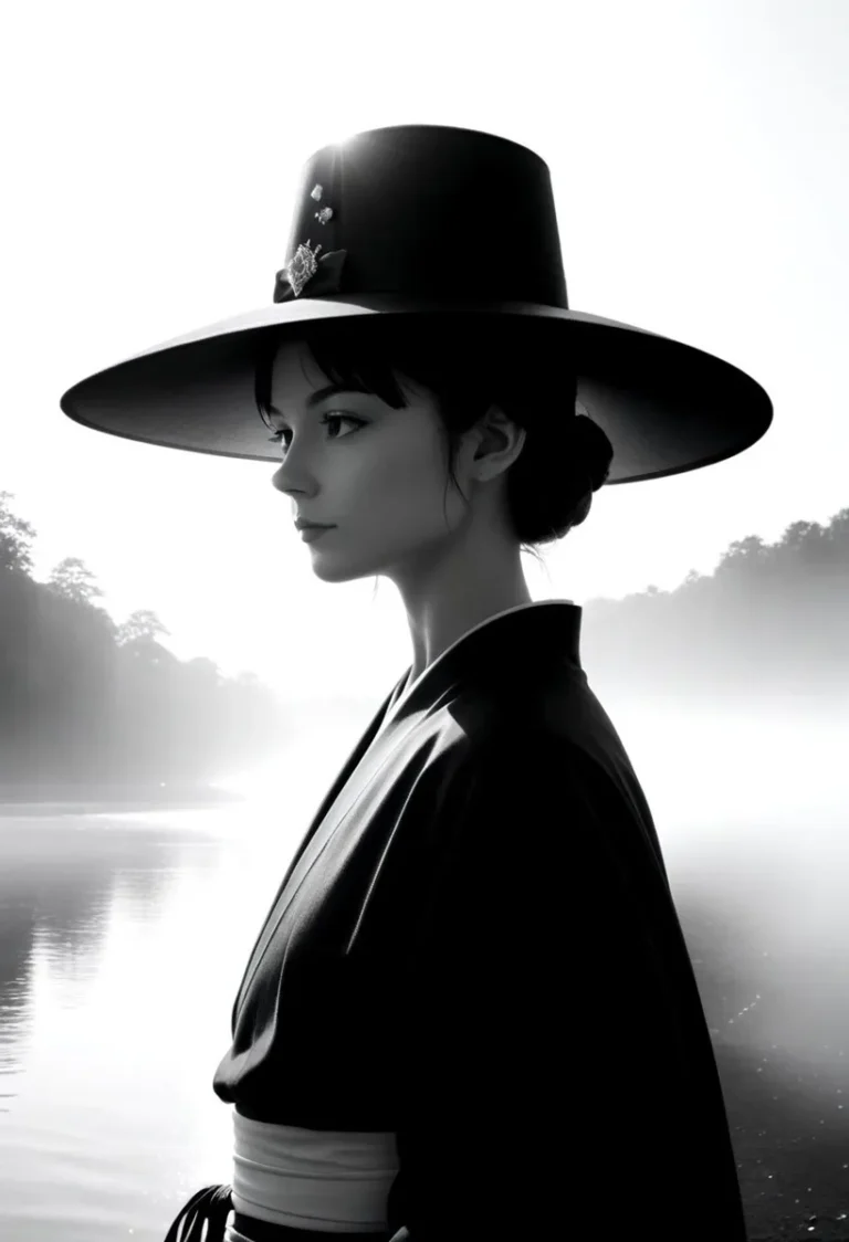 Black and white portrait of a Japanese woman in traditional attire with a large hat by a serene lake, generated using stable diffusion AI.
