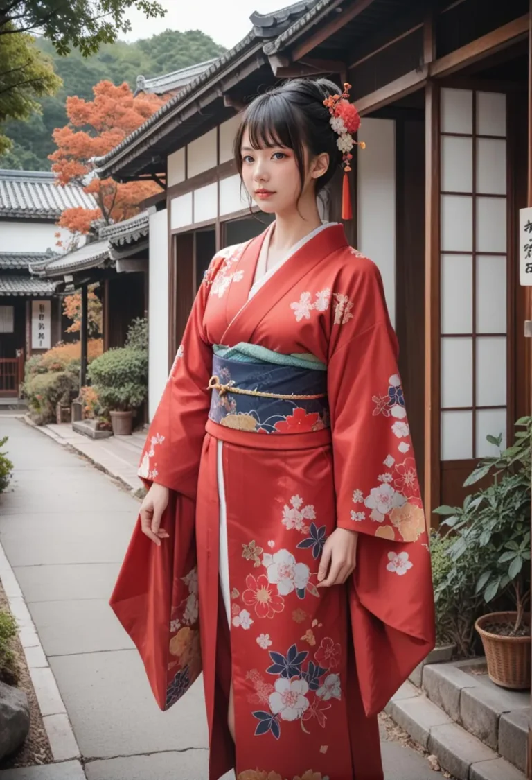 A Japanese woman in a red floral kimono standing in a traditional Japanese courtyard, AI generated image using stable diffusion.