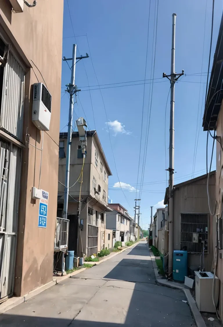 A sunny Japanese alley with buildings on both sides, power lines overhead, generated by AI using Stable Diffusion.
