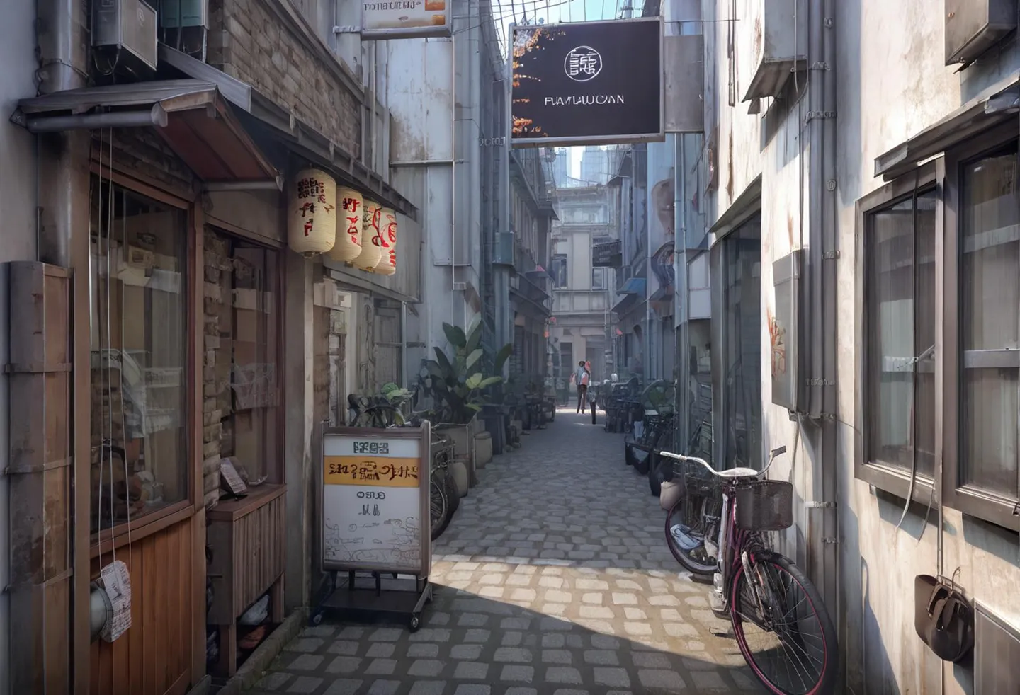 Narrow alley in a traditional Japanese street lined with old buildings, bicycles, and lanterns, AI-generated image using stable diffusion.