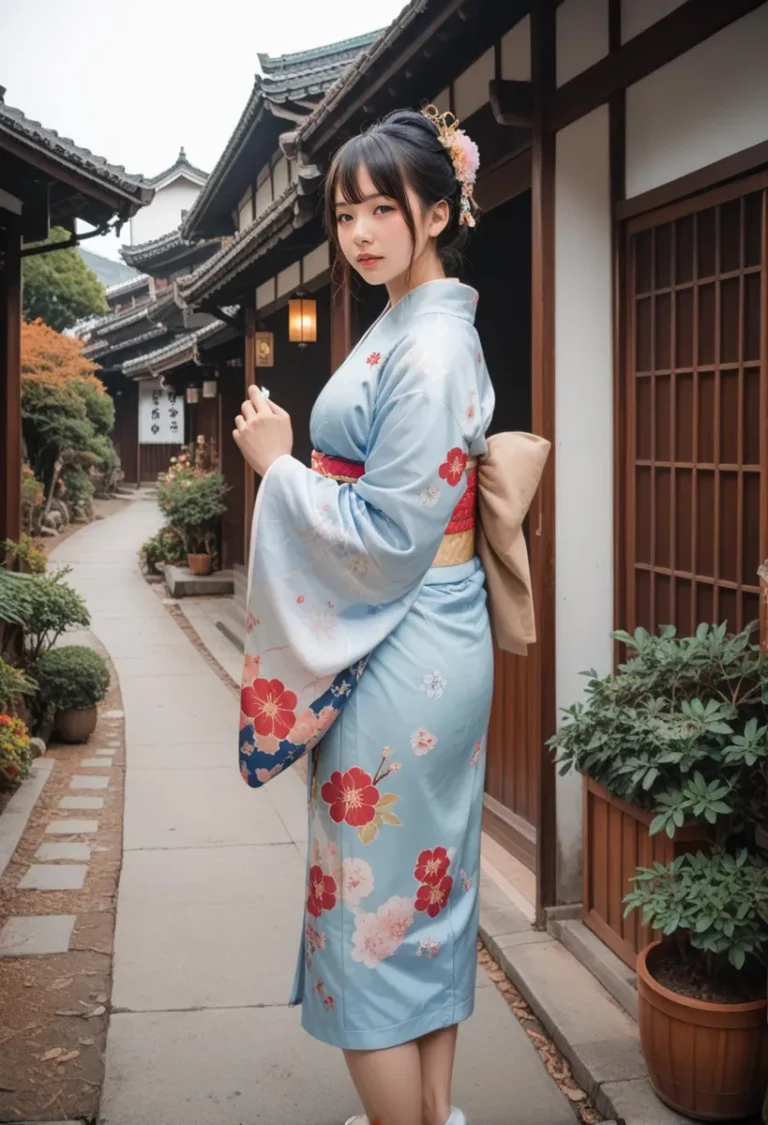AI generated image of a woman in a blue kimono with floral patterns, standing in a traditional Japanese alley using Stable Diffusion.