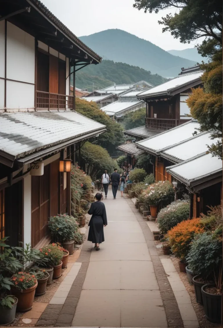 A serene street in a Japanese village featuring traditional wooden architecture, captured in AI-generated image using stable diffusion.