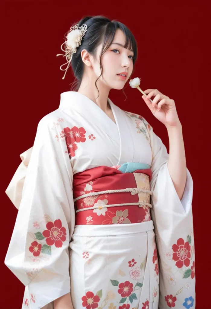 A woman wearing a traditional Japanese kimono with floral patterns, holding a white flower against a red background. Emphasize that this is an AI generated image using stable diffusion.