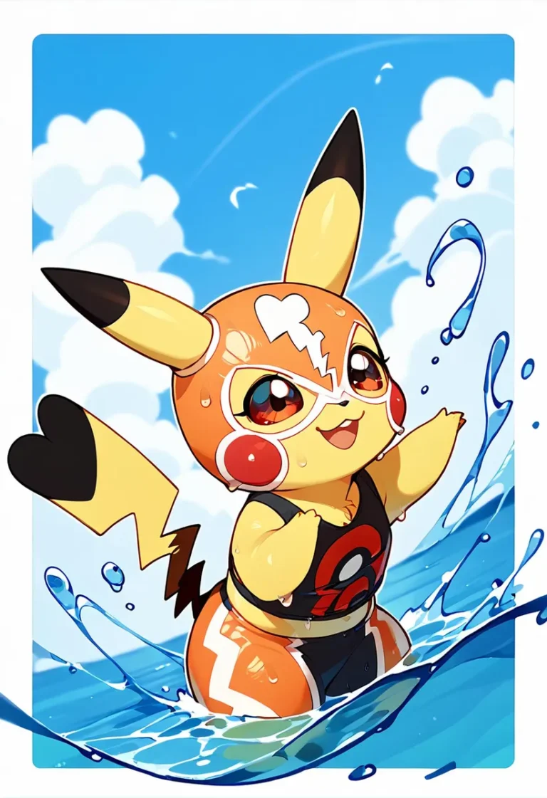 Cute Pikachu dressed as a luchador splashing in water with blue sky and clouds in the background, AI generated image using Stable Diffusion.