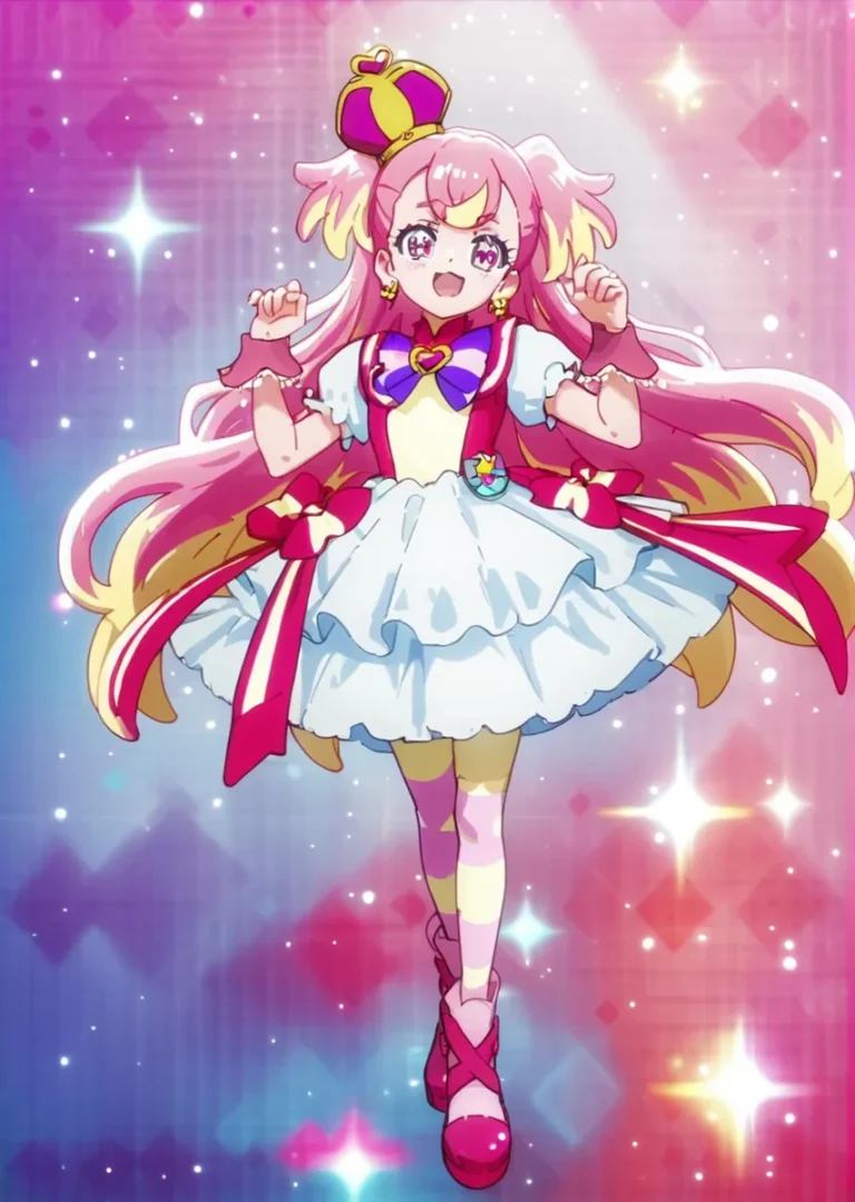 AI generated image using stable diffusion featuring a magical anime girl with pink hair, wearing a crown, colorful outfit, and surrounded by a vibrant background with sparkles and stars.