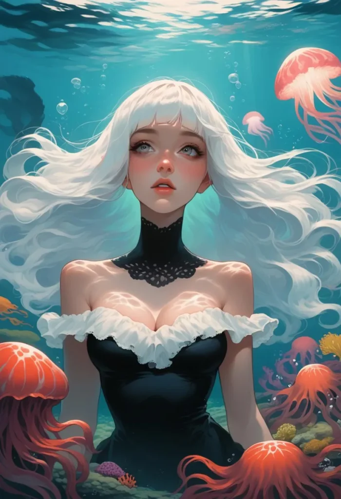 A visual of a mermaid with flowing white hair in a fantastical underwater scene, generated by AI using Stable Diffusion.